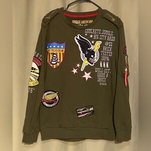 Vintage America Denim Outpost Crewneck Sweatshirt with Patches Army Green Men XL